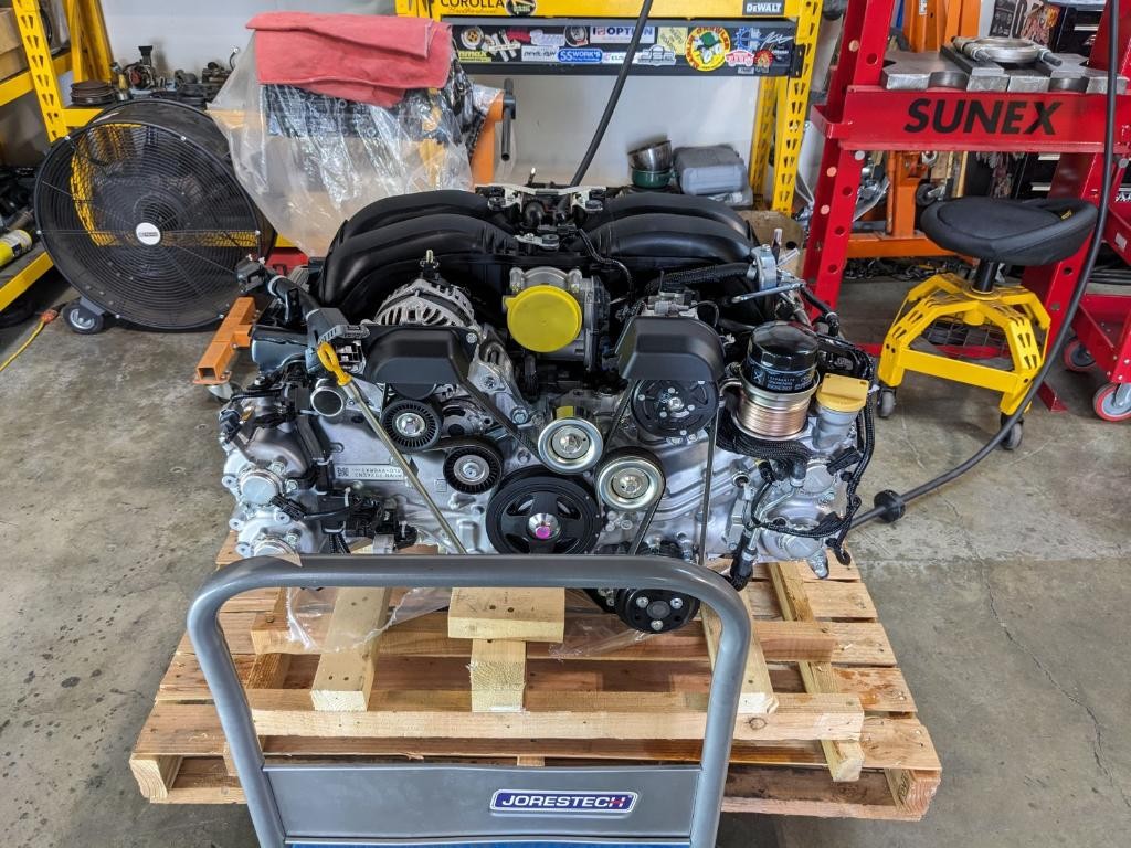 Subaru FA24 complete engine on a crate, as received when ordered new from Subaru